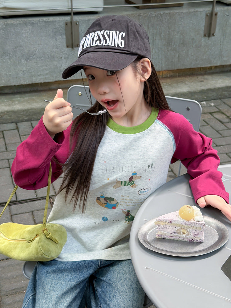 キッズ ジュニア 配色 バイカラー ラグラン プリント 長袖Tシャツ【mh0014416】