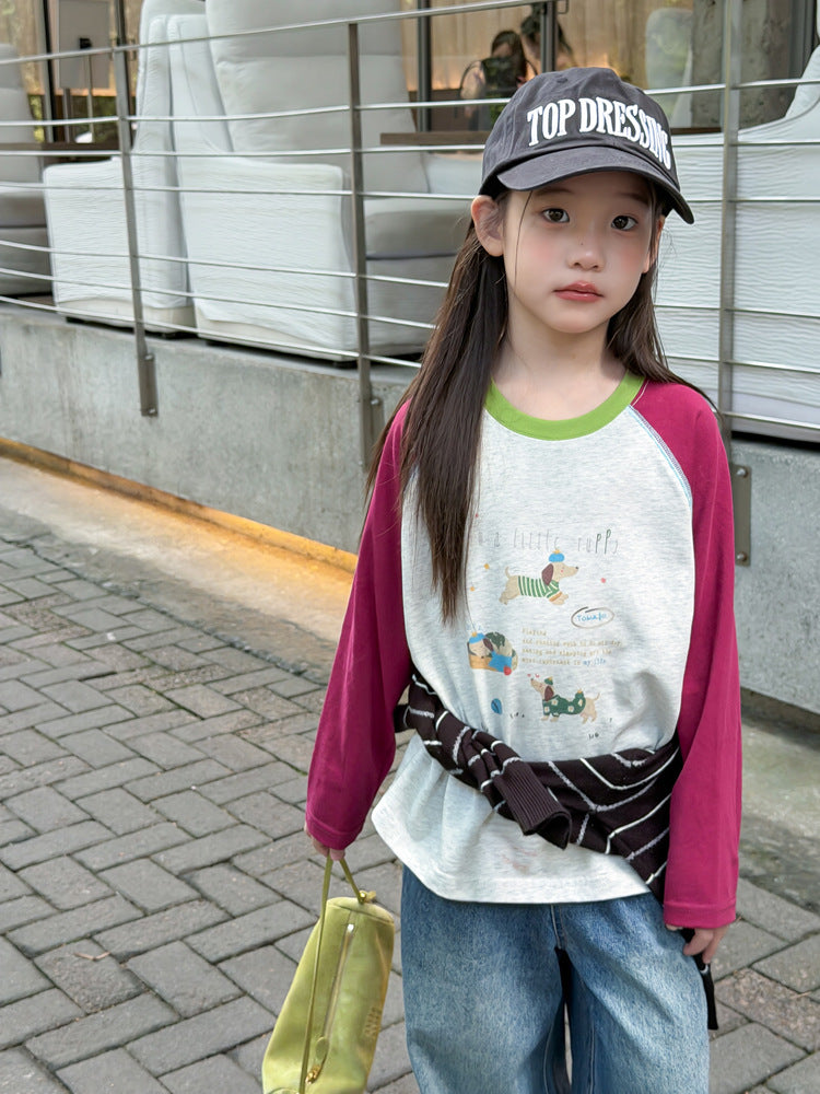 キッズ ジュニア 配色 バイカラー ラグラン プリント 長袖Tシャツ【mh0014416】