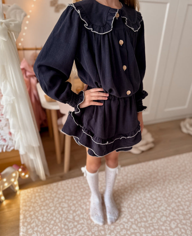 Kids' Piping Mellow Ruffle Long-Sleeve Blouse + Skirt Set【mh0014758】