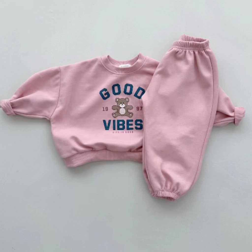 Conjunto de sudadera con logo y estampado de osito y pantalón largo para bebé y niños 【mh0014632】