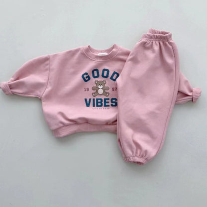 Conjunto de sudadera con logo y estampado de osito y pantalón largo para bebé y niños 【mh0014632】