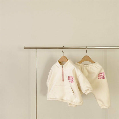 Conjunto de sudadera de manga larga con media cremallera y estampado de logotipo y pantalón largo para bebés y niños 【mh0014638】