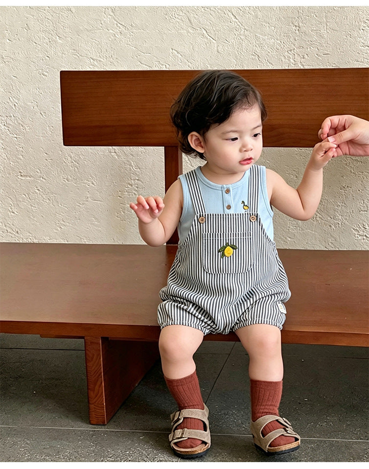 Lemon Striped Bib Shorts ストライプ 刺繍サロペット【mh0013036】