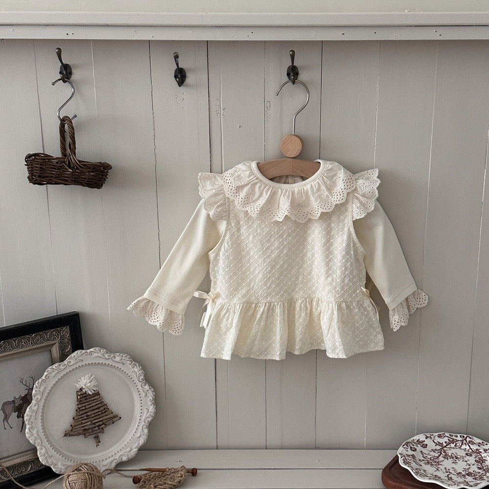 Blusa camisola con bordado de lazo y mangas con volantes para bebés y niños 【mh0014488】