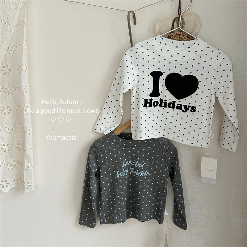 キッズ ドット柄 ロゴプリント クルーネック 長袖Tシャツ【mh0014165】