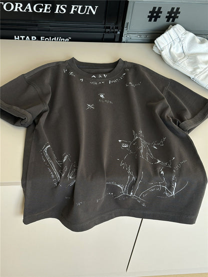 Graffiti Cotton T-shirt アニマル グラフィック 半袖Tシャツ【mh0012939】