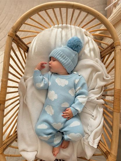 Pelele de punto de manga larga para bebé con estampado de nubes y gorro de punto con pompones [mh0014702]