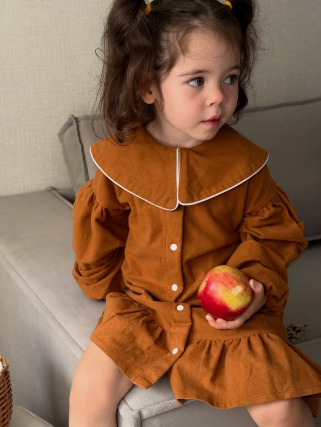 Kids' Piping Round Neck Balloon Sleeve Long Sleeve Dress【mh0014752】