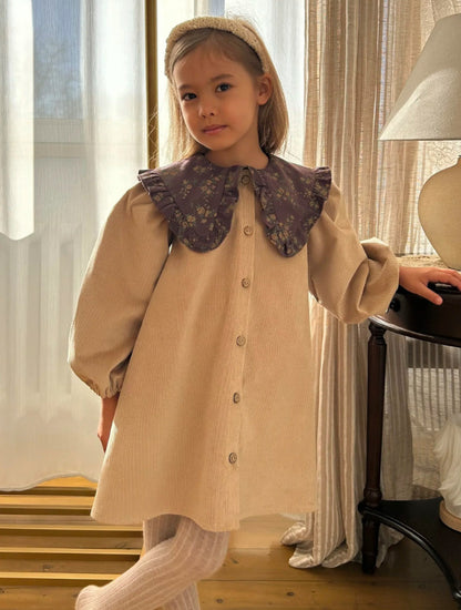 Kids' Floral Corduroy Long-Sleeve Dress with Floral Ruffle Collar【mh0014756】