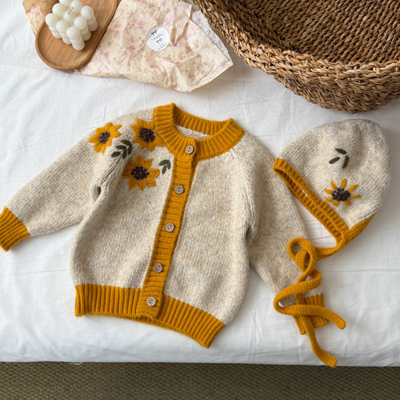 キッズ サンフラワー フラワー 刺繍 帽子付き ニット カーディガン【mh0014531】