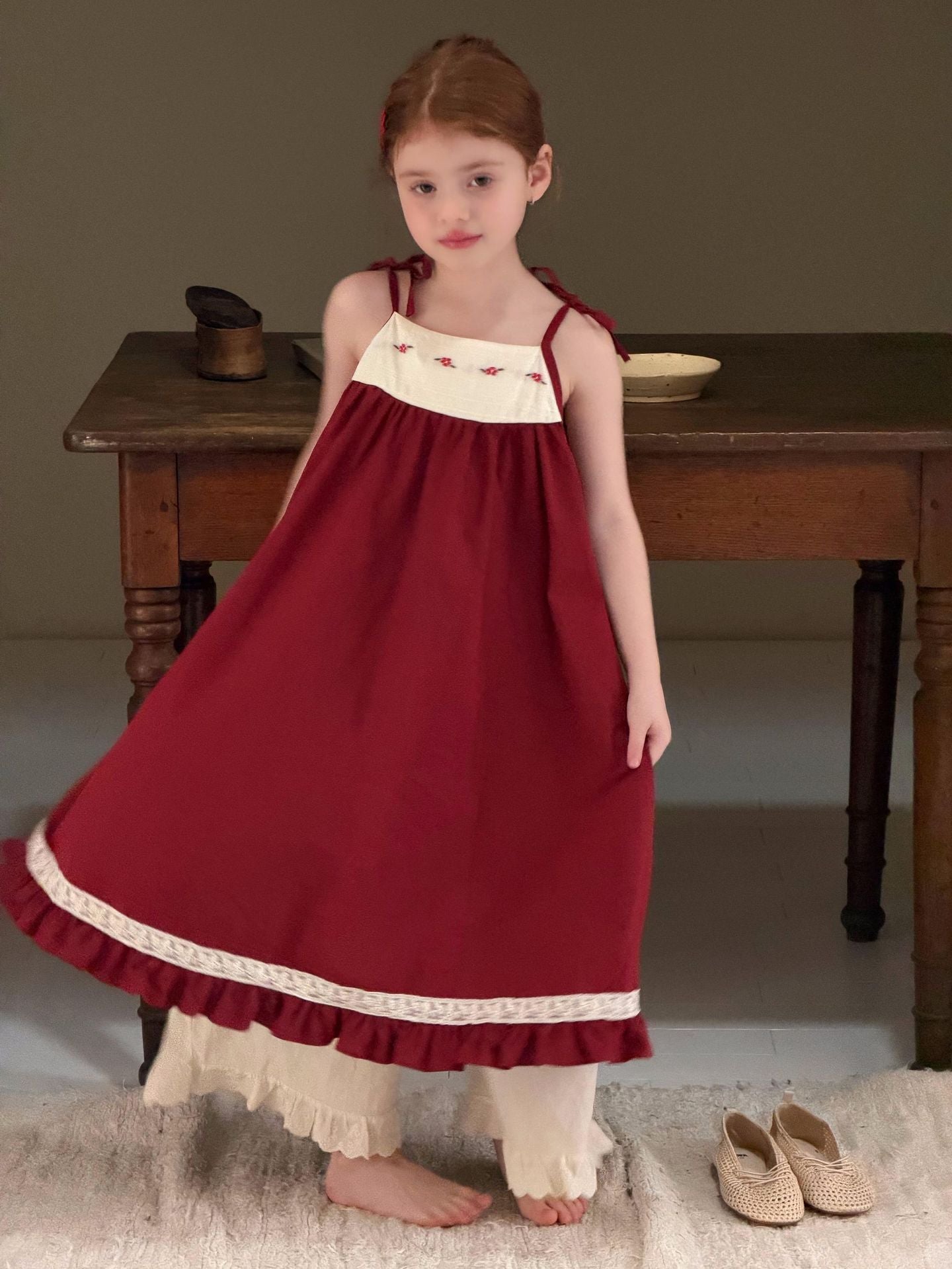 Vintage Floral Shoulder Ribbon Dress 刺繍 ノースリーブワンピース【mh0012891】