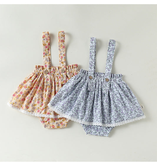 Floral Print Cotton Suspender Romper