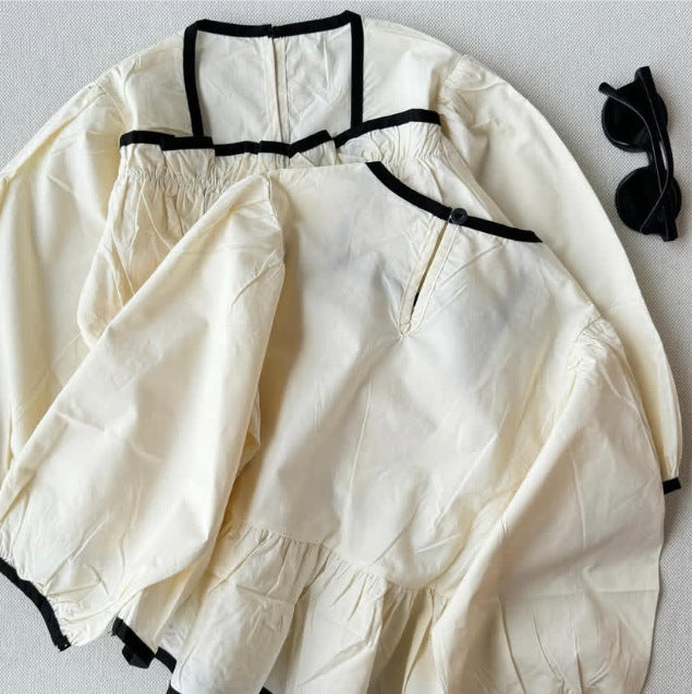 27ins Primavera y otoño rusa: elegante blusa entallada de manga larga para niña, de algodón y lino, con bloques de color blanco y negro y diseño 3D【mh0014747】