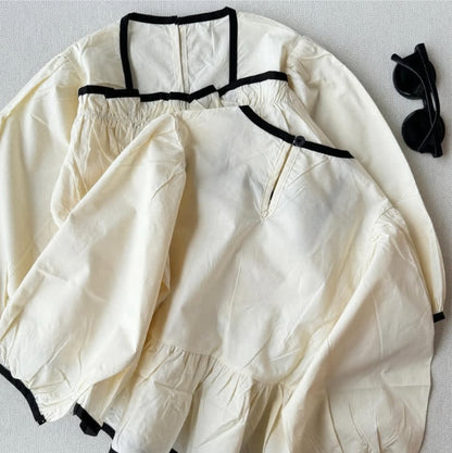 27ins Primavera y otoño rusa: elegante blusa entallada de manga larga para niña, de algodón y lino, con bloques de color blanco y negro y diseño 3D【mh0014747】