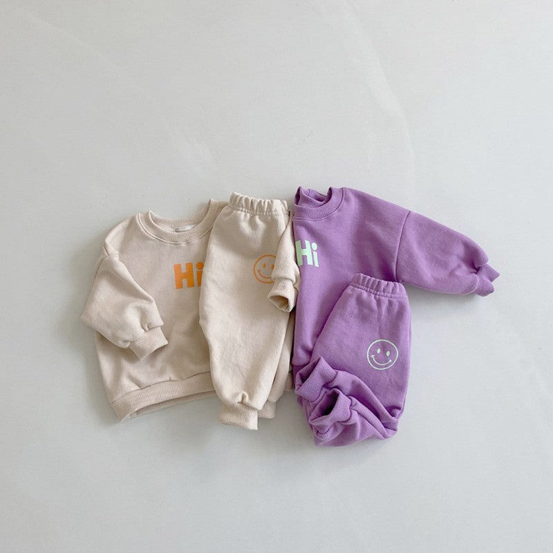 Conjunto de sudadera de manga larga con estampado de sonrisa y pantalón largo para bebé y niños 【mh0014642】
