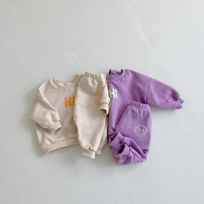Conjunto de sudadera de manga larga con estampado de sonrisa y pantalón largo para bebé y niños 【mh0014642】