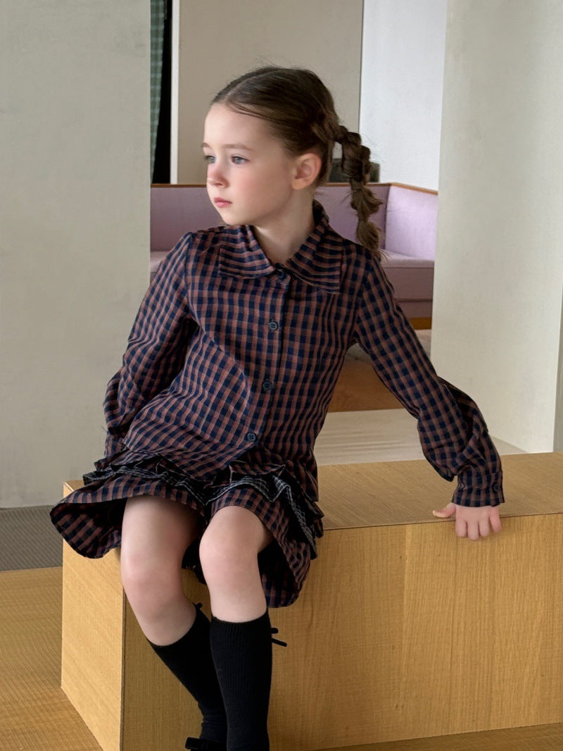 Kids' Plaid Button-Up Long-Sleeve Shirt and Colorblock Tiered Mini Skirt Set [mh0014085]