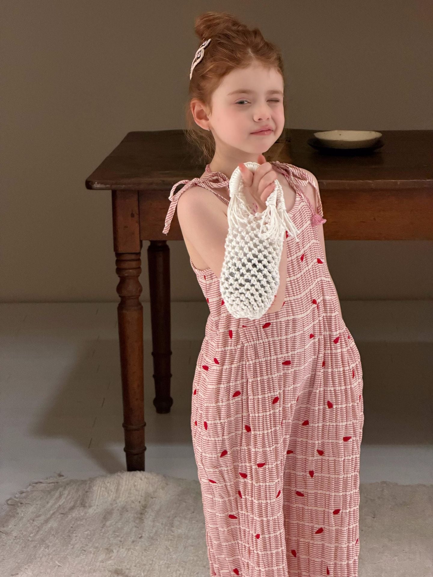 Red Stripe Heart Overalls ストライプ ハート クロップドパンツ【mh0012896】