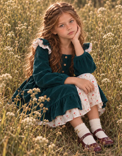 Vestido princesa lolita de pana con flores y bloques de color para niña, primavera/otoño 2027, estilo JK de dos piezas falso【mh0014745】