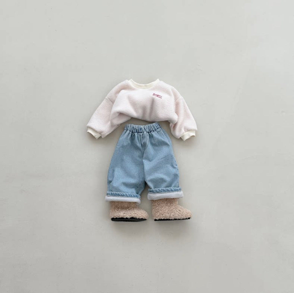 Pantalones largos de mezclilla con forro polar para bebés y niños 【mh0014653】