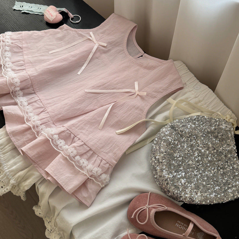 Lace Trim Bow Blouse リボン フリル ノースリーブブラウス【mh0013120】