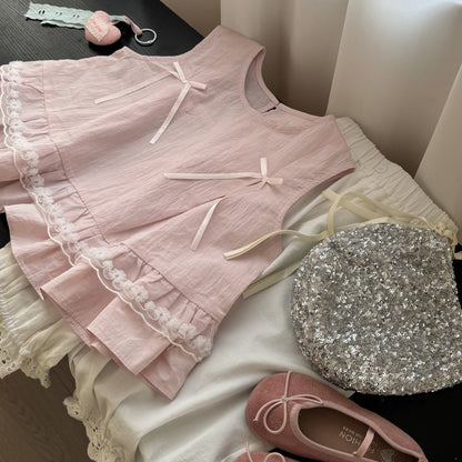 Lace Trim Bow Blouse リボン フリル ノースリーブブラウス【mh0013120】