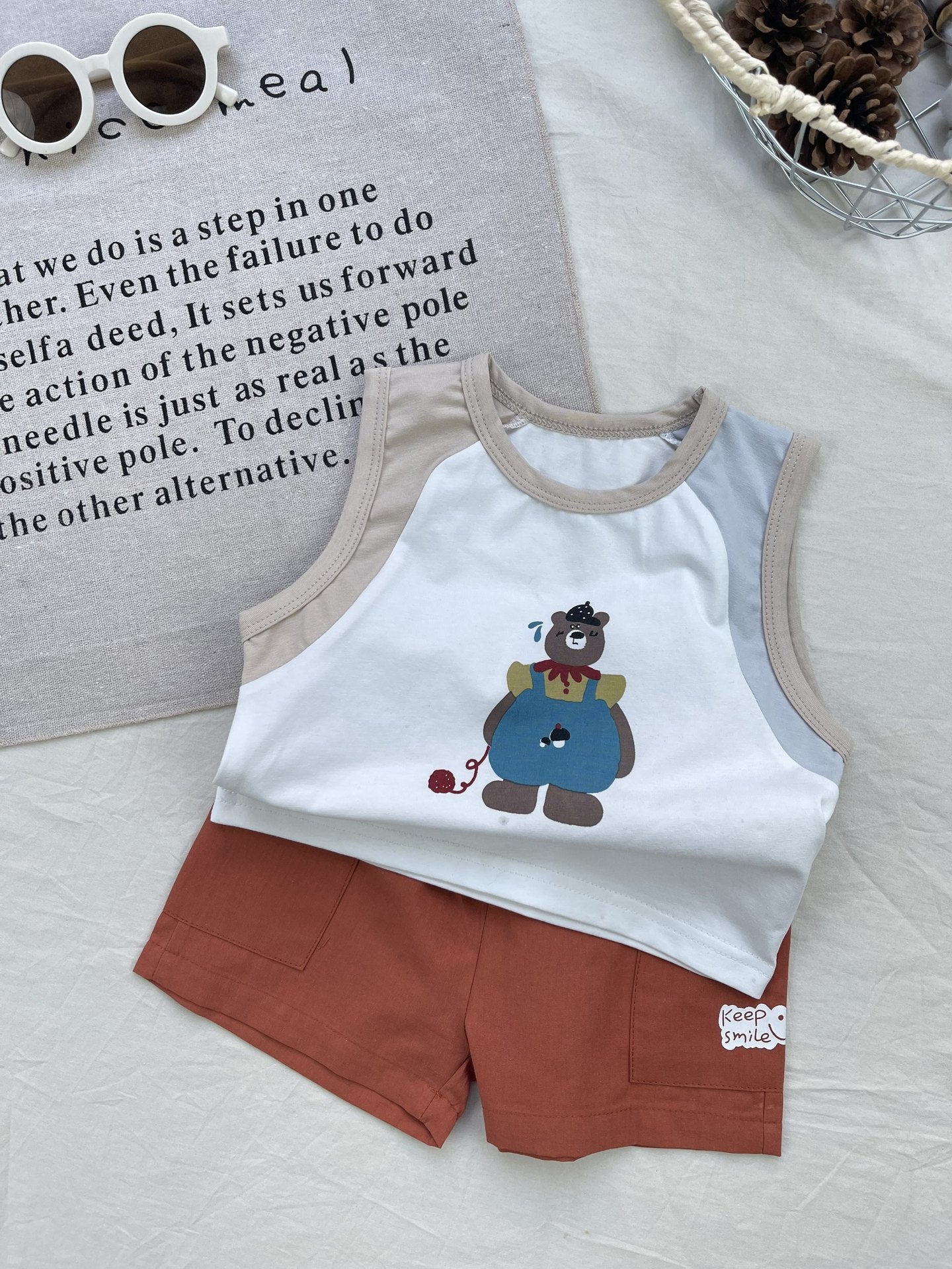 Bear Contrast Graphic Vest Set クマ ノースリーブTシャツ ショートパンツセット【mh0012922】