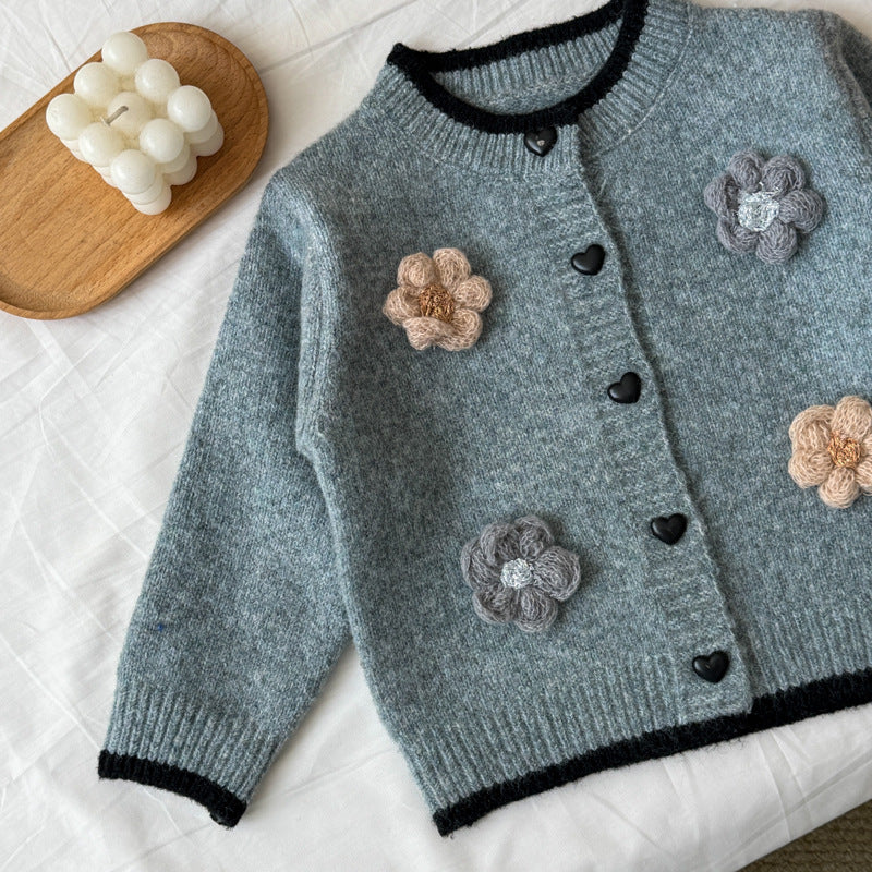 キッズ 立体フラワー モチーフ パイピング ニット カーディガン【mh0014532】