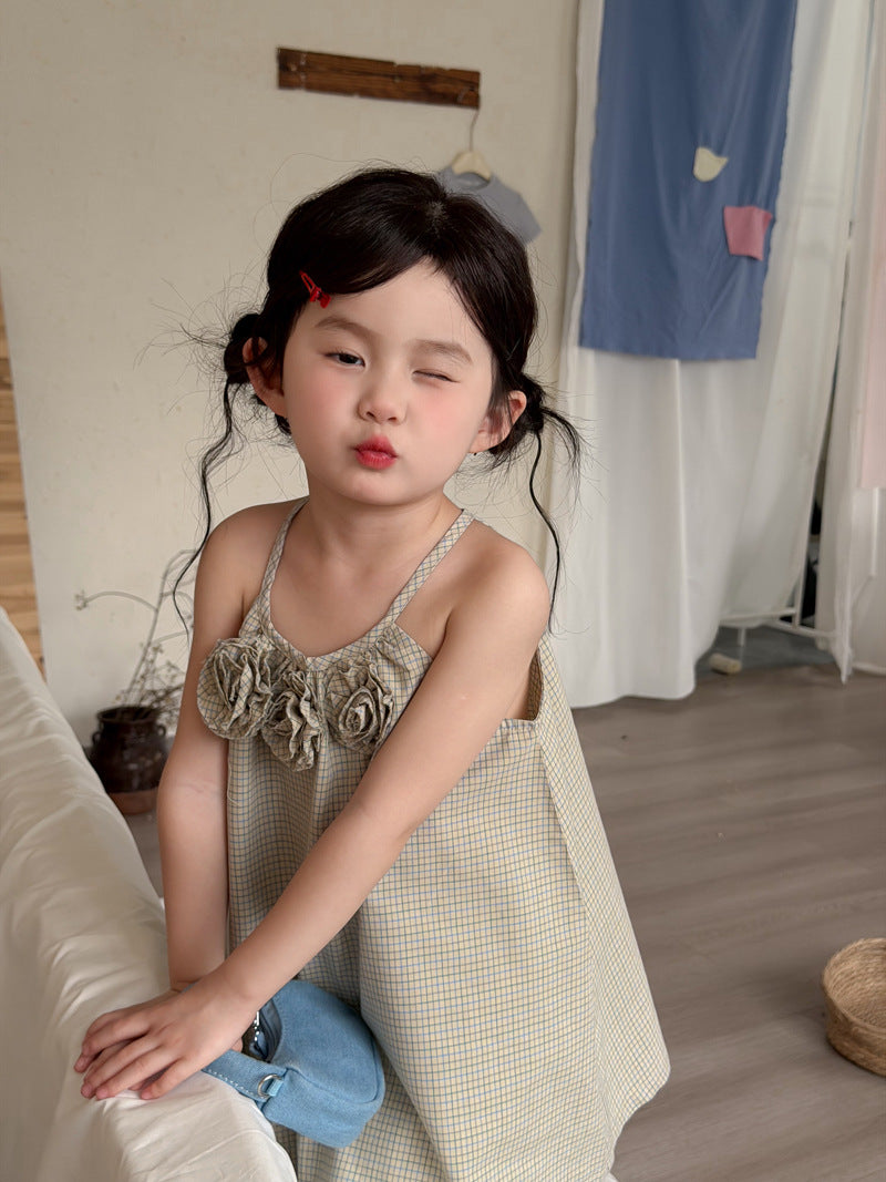 3D Flower Plaid Dress チェック キャミワンピース【mh0013116】