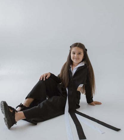 Kids' Bicolor Paneled Layered-Look Long-Sleeve Shirt + Wide-Leg Long Pants Set【mh0014741】