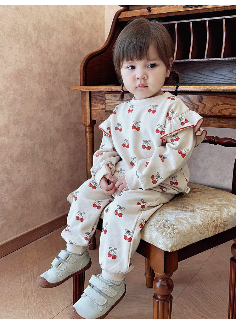 長袖セットアップ チェリープリントフリルスウェットシャツ/スウェットパンツ【mh0011723】