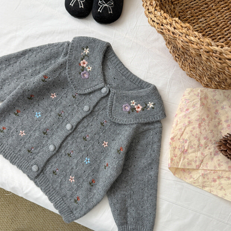 キッズ フラワー 総柄 刺繍 丸襟 ニット カーディガン【mh0014527】