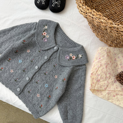キッズ フラワー 総柄 刺繍 丸襟 ニット カーディガン【mh0014527】