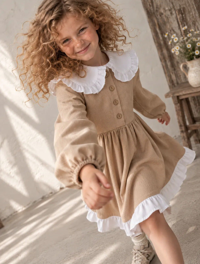 2027 INS Rusia Vestido sencillo de lino y algodón para niña con cuello de muñeca y encaje, vestido de princesa estilo JK infantil【mh0014746】