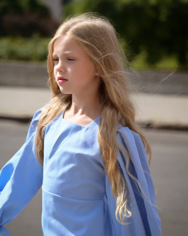 Kids' Pleated Paneled Puff-Sleeve Long-Sleeve Dress【mh0014739】
