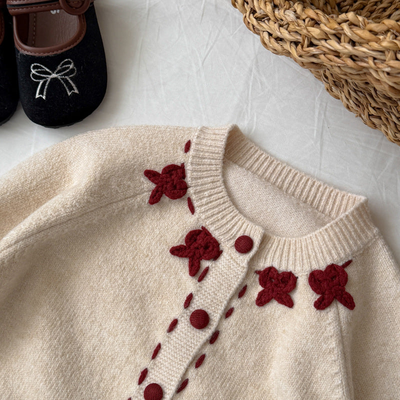 キッズ リボン 立体 刺繍 モチーフ ニット カーディガン【mh0014526】