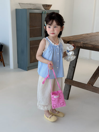 Gingham Lace Sleeveless Shirt チェック ノースリーブブラウス【mh0013117】