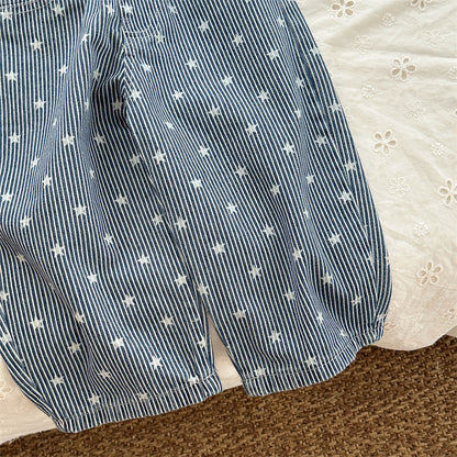 キッズ用デニムパンツ ストライプ×スター柄のルーズワイドシルエット