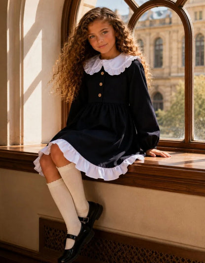 2027 INS Rusia Vestido sencillo de lino y algodón para niña con cuello de muñeca y encaje, vestido de princesa estilo JK infantil【mh0014746】