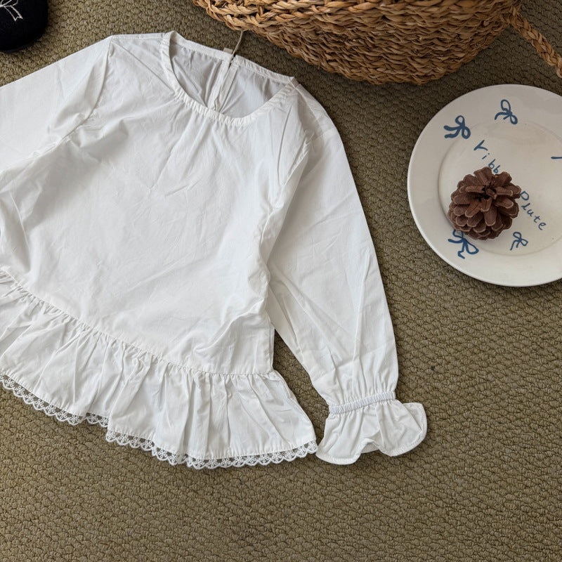 キッズ 裾フリル ベルスリーブ レース 長袖ブラウス【mh0014148】