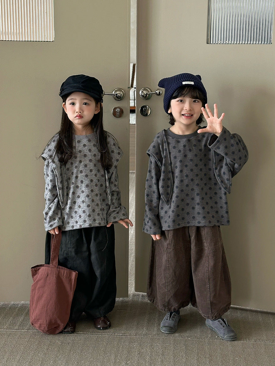 キッズ ドット柄 ドロップショルダー フェイクショール 長袖 Tシャツ【mh0014296】