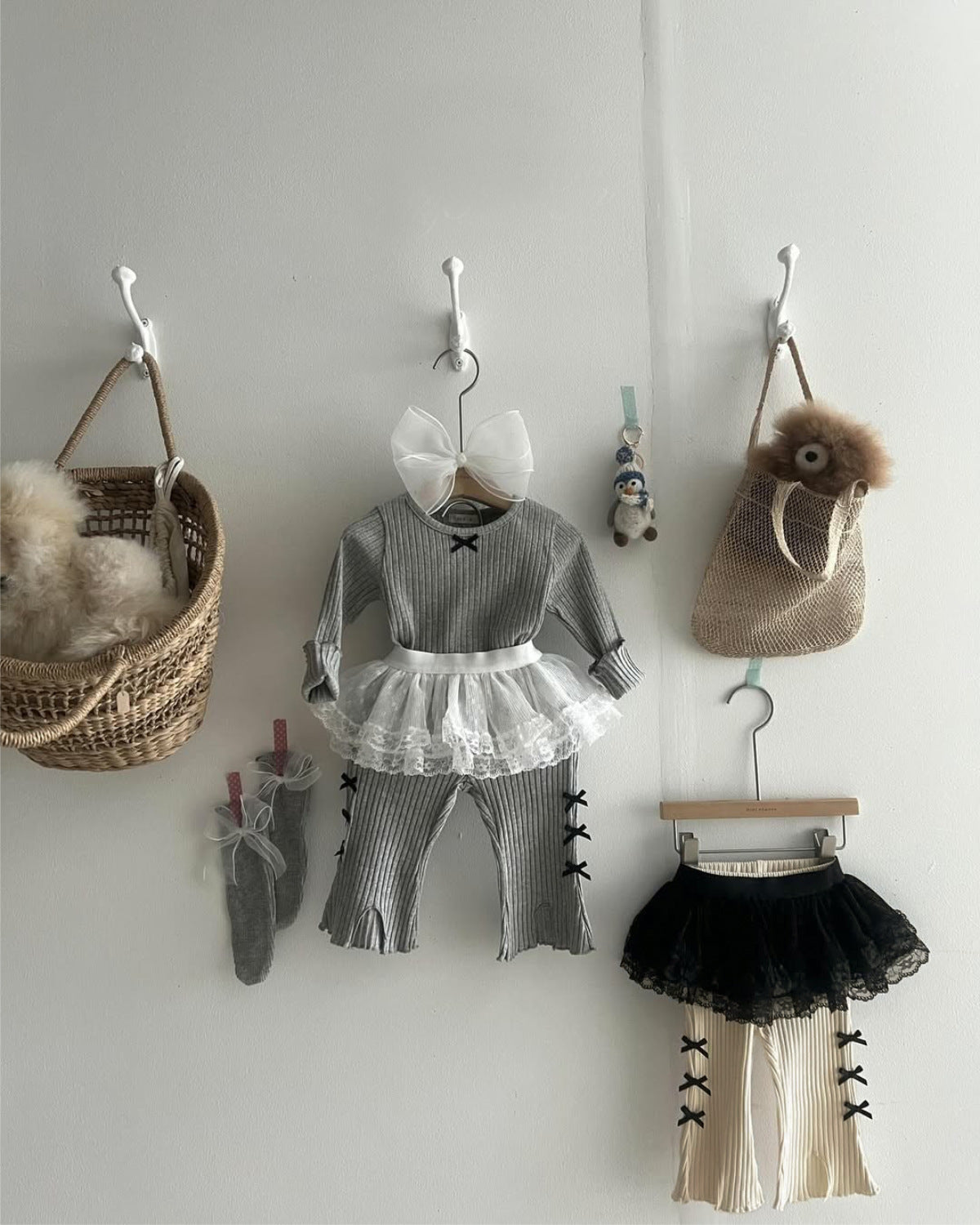 ベビーセットアップ リブニット リボンデザイン ホームウェア【mh0011637】