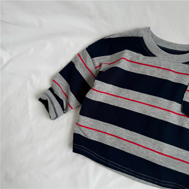 キッズ ボーダー ポケット ドロップショルダー ルーズ 長袖Tシャツ【mh0014342】