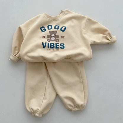 Conjunto de sudadera con logo y estampado de osito y pantalón largo para bebé y niños 【mh0014632】