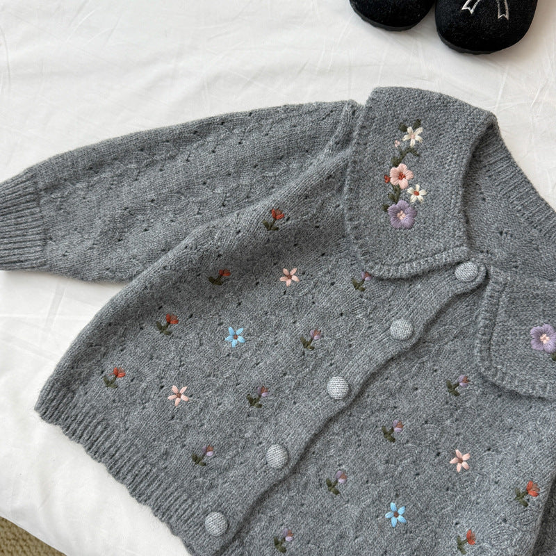 キッズ フラワー 総柄 刺繍 丸襟 ニット カーディガン【mh0014527】