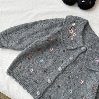 キッズ フラワー 総柄 刺繍 丸襟 ニット カーディガン【mh0014527】