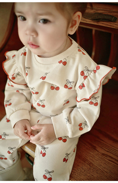 長袖セットアップ チェリープリントフリルスウェットシャツ/スウェットパンツ【mh0011723】