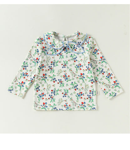 ベビー用 花柄リボン丸襟 長袖Tシャツ、白地のカラフル花柄（長袖）