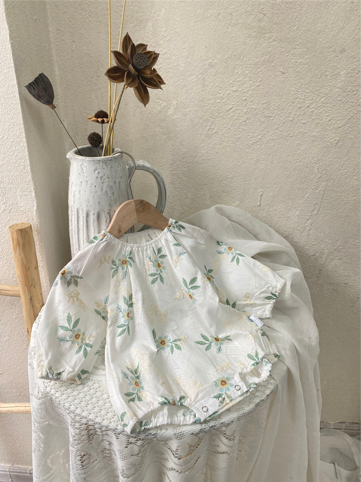 Flower Embroidered Romper with Bonnet 花柄 刺繍 ロンパース ボンネット【mh0012670】