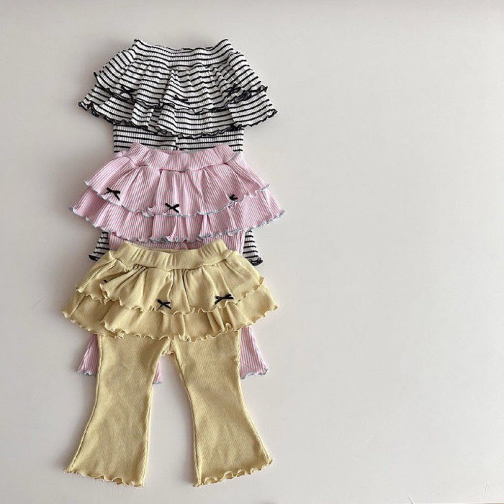 Tiered Skirt Ribbed Flared Pants ストライプフリル付ロングパンツ【mh0012935】